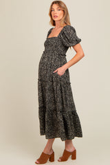 Black Floral Leopard Print Maternity Midi Dress