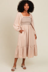 Beige Contrast Smocked Balloon Sleeve Midi Dress