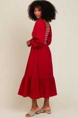 Burgundy Contrast Smocked Balloon Sleeve Midi Dress