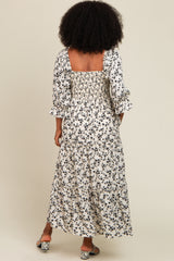 Cream Smocked Tiered Pocketed Midi Dress