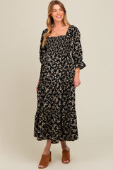 Black Smocked Tiered Pocketed Maternity Midi Dress