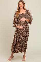 Brown Smocked Tiered Pocketed Maternity Midi Dress