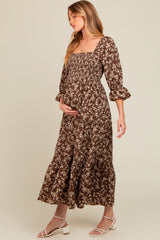 Brown Smocked Tiered Pocketed Maternity Midi Dress