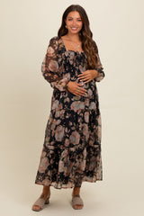 Navy Floral Square Neck Smocked Maternity Midi Dress