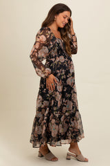 Navy Floral Square Neck Smocked Maternity Midi Dress