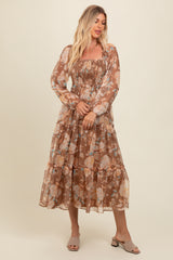 Mocha Floral Square Neck Smocked Midi Dress