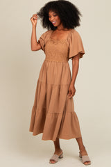 Camel Crochet Tiered Lace Maternity Midi Dress