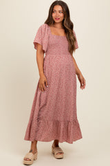 Mauve Flowy Ditsy Floral Smocked Maternity Midi Dress