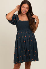 Navy Blue Floral Embroidered Smocked Maternity Dress