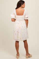 Cream Floral Embroidered Smocked Maternity Dress