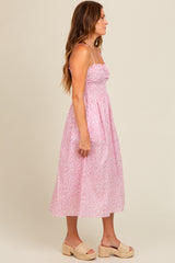 Pink Printed Smocked Midi Dress