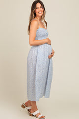 Light Blue Printed Smocked Maternity Midi Dress