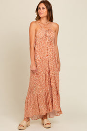 Beige Floral Tie Front Maxi Dress