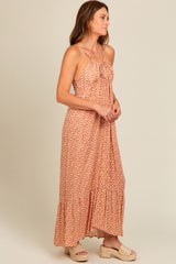 Beige Floral Tie Front Maxi Dress