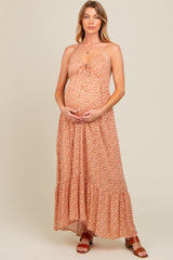 Beige Floral Tie Front Maternity Maxi Dress