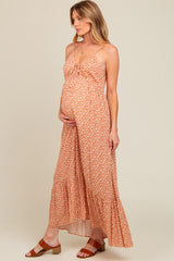 Beige Floral Tie Front Maternity Maxi Dress