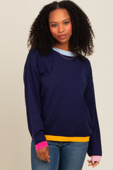 Navy Blue Colorblock Trim Sweater