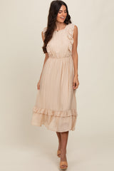 Beige Texture Ruffle Accent Midi Dress