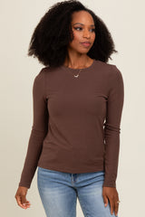 Brown Basic Fitted Maternity Long Sleeve Top