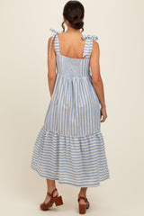 Blue Striped Shoulder Tie Midi Dress