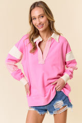 Pink Colorblock Stripe Maternity Polo Pullover Top