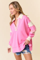 Pink Colorblock Stripe Polo Pullover Top