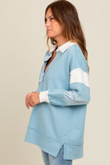 Blue Colorblock Stripe Polo Pullover Top