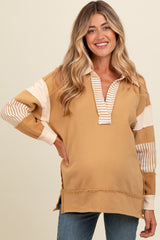 Mocha Colorblock Stripe Maternity Polo Pullover Top