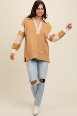 Mocha Colorblock Stripe Polo Pullover Top