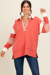 Rust Colorblock Stripe Polo Pullover Top