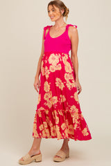 Fuchsia Floral Colorblock Maternity Midi Dress