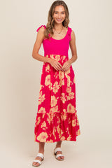 Fuchsia Floral Colorblock Midi Dress