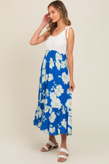 Royal Blue Floral Colorblock Midi Dress