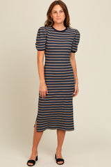 Navy Multi Striped Puff Sleeve Midi Dress