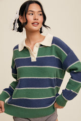 Green Striped Polo Knit Sweater