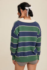 Green Striped Polo Knit Sweater