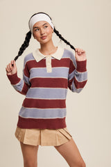 Burgundy Striped Polo Knit Sweater