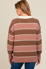 Brown Striped Polo Knit Maternity Sweater