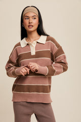 Brown Striped Polo Knit Maternity Sweater