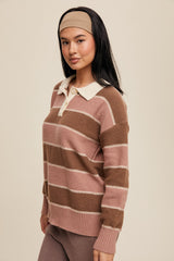 Brown Striped Polo Knit Sweater