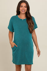 Teal Ribbed Rolled Cuff Maternity Dress