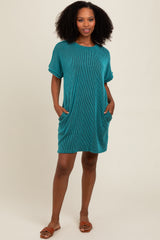 Teal Ribbed Rolled Cuff Maternity Dress