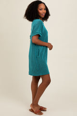 Teal Ribbed Rolled Cuff Dress