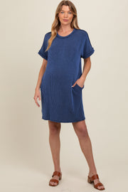 Navy Ribbed Rolled Cuff Maternity Dress