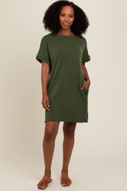 Forest Green Ribbed Rolled Cuff Dress