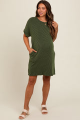 Forest Green Ribbed Rolled Cuff Maternity Dress