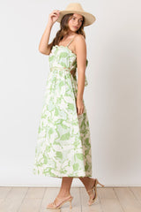 Green Floral Wave Trim Back Tie Midi Dress