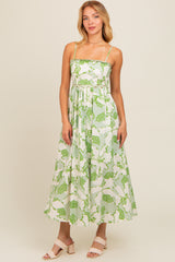 Green Floral Wave Trim Back Tie Midi Dress