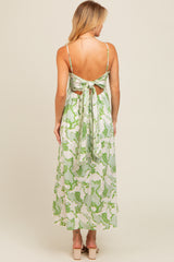 Green Floral Wave Trim Back Tie Midi Dress