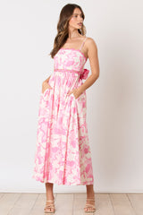 Pink Floral Wave Trim Back Tie Midi Dress